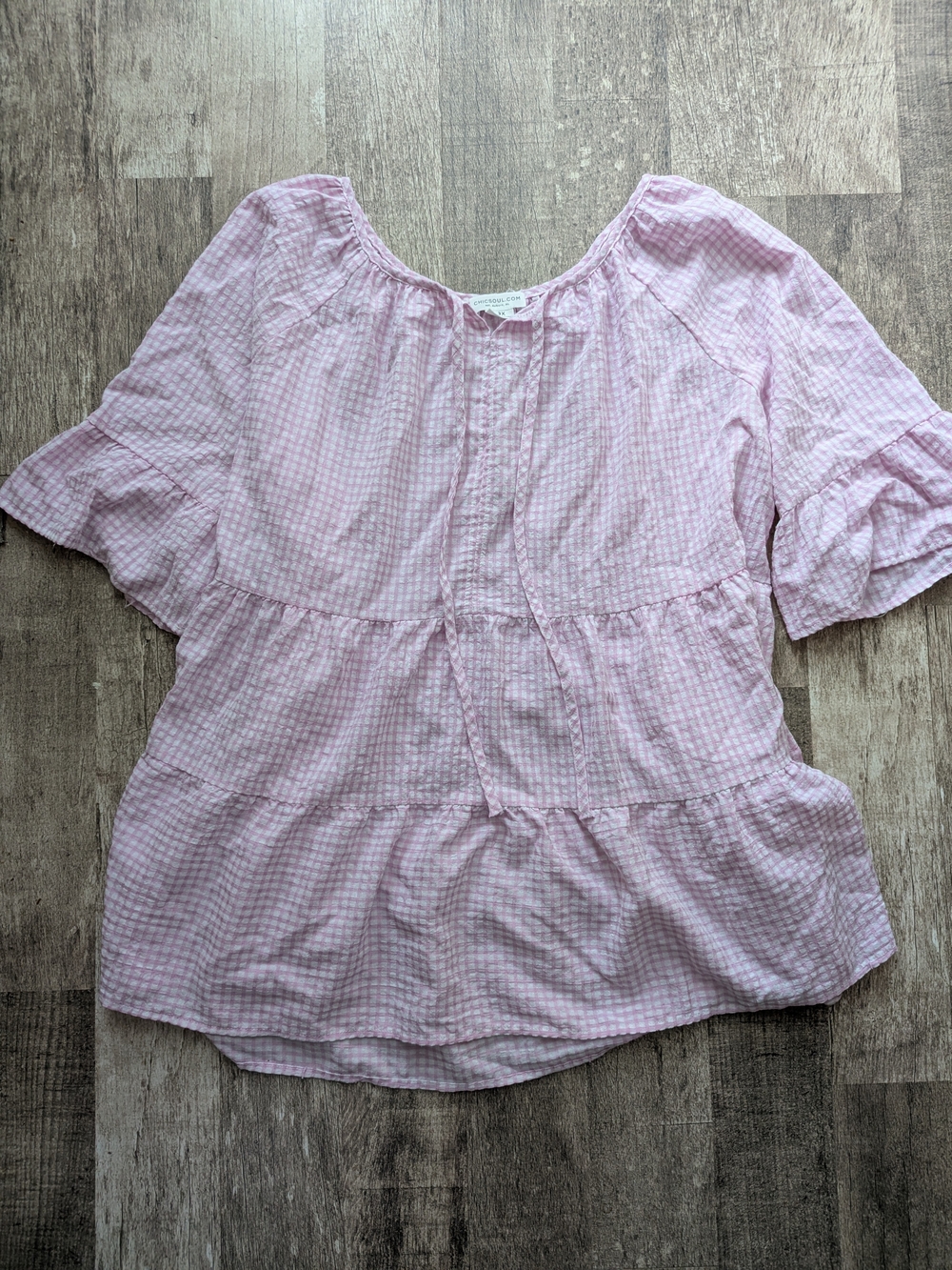 Chic Soul Light Pink Gingham Tiered Peasant Blouse